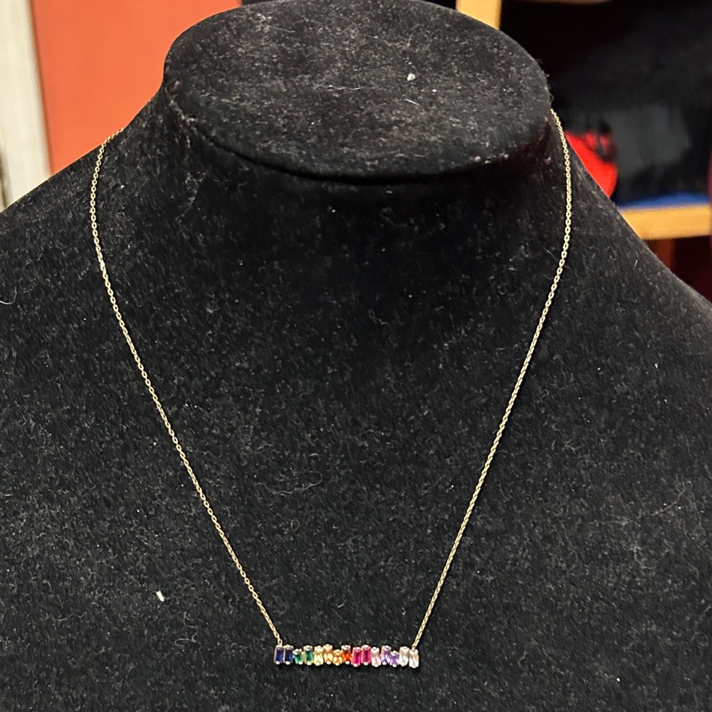 Lucky Star Jewels Rainbow Baguette Crystal Bar Necklace Gold Tone Dainty Y2K - Picture 6 of 7